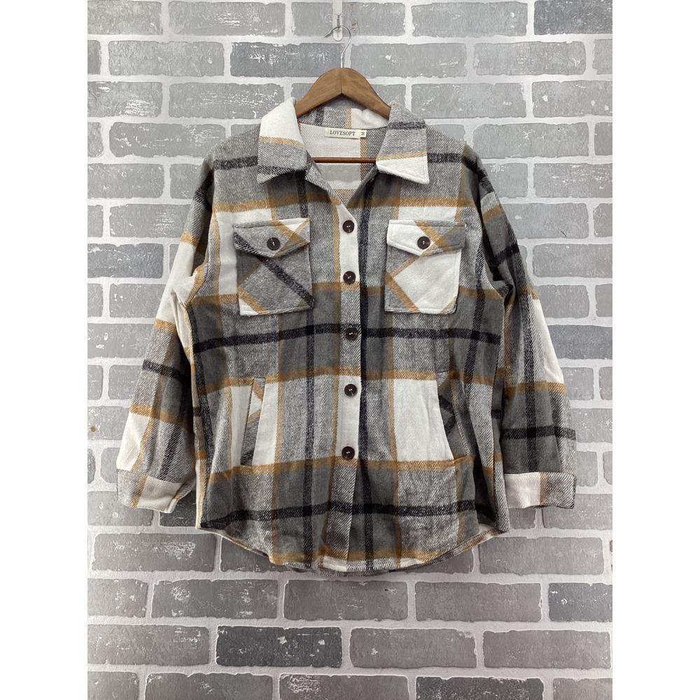 Lovesoft Plaid Shacket Womens Medium Grey Tan White Button Down Shirt Jacket